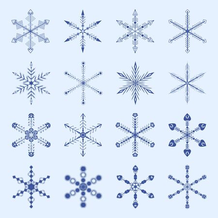Snowflakes and icicles winter vector set: blue silhouettes on light blue backdropのイラスト素材