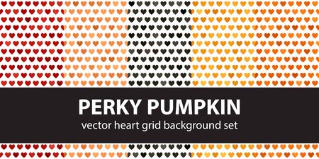 Heart pattern set Perky Pumpkin. Vector seamless backgrounds - red, peach, black, orange, pumpkin hearts on white backdropsのイラスト素材