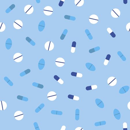 Blue drug pattern. Seamless vector background - white and blue pills on light azure backdropのイラスト素材