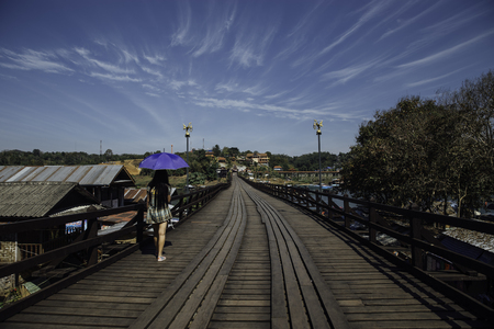 Wood bridge (Mon bridge )at sangklaburi, kanchanaburi, Province Asia thailandの写真素材