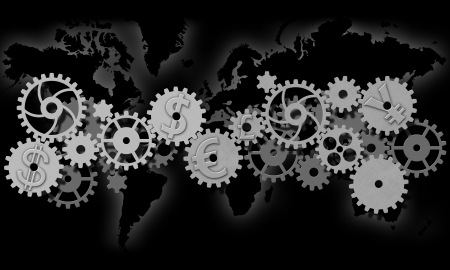 gears with symbols of world currenciesの写真素材