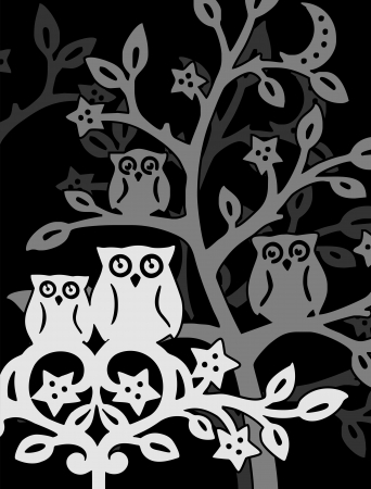 silhouette owls in black forestのイラスト素材