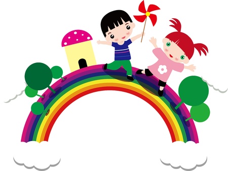 kids play in the rainbowのイラスト素材