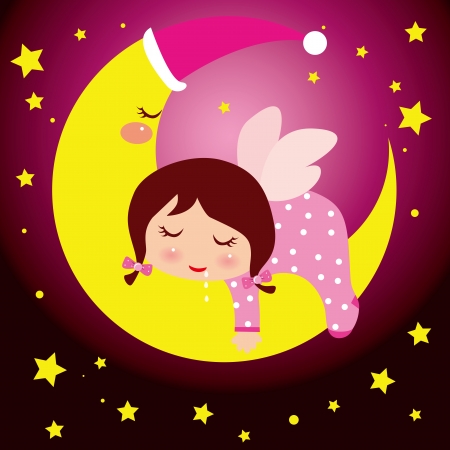 illustion of a little girl dreaming in the moon, beautiful backgroundのイラスト素材
