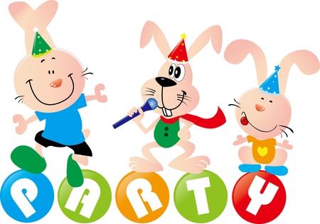 illustration of a beautiful greeting card with three rabbits in party wordsのイラスト素材