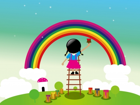 Lovely girl is painting ranbow in the open There is blue sky white cloud and the green grass のイラスト素材