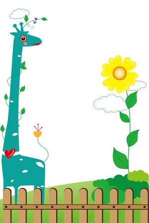 Children s photo framework with giraffe and flowersのイラスト素材