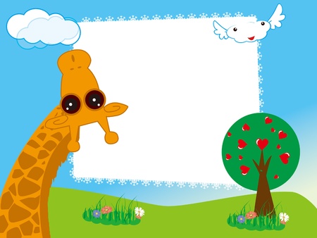 Vector illustration of kid s photo framework  with giraffe in the gardenのイラスト素材
