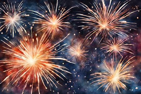 Colorful fireworks with bokeh effect on dark blue sky backgroundの素材