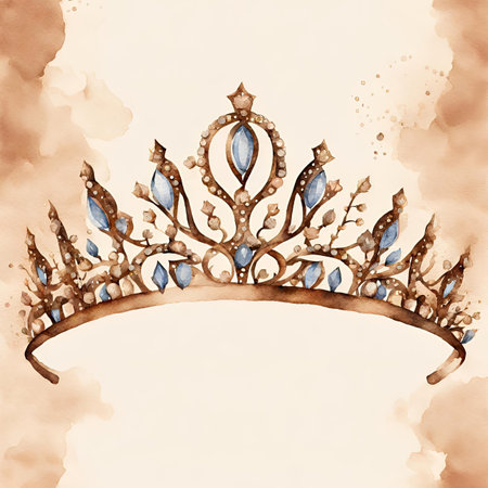 Watercolor hand drawn illustration of a crown with a blue crown.の素材