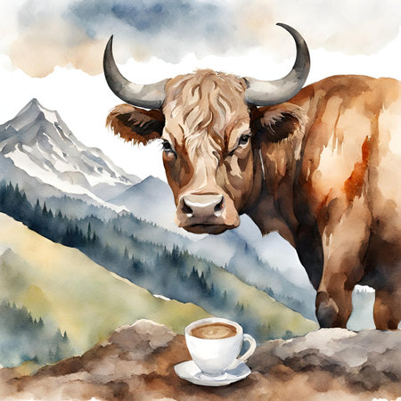 Watercolor illustration of a cow with a cup of coffee in the mountainsの素材