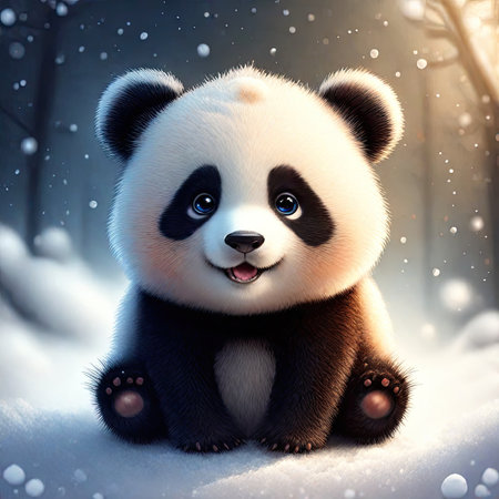 Cute panda sitting in the snow.の素材