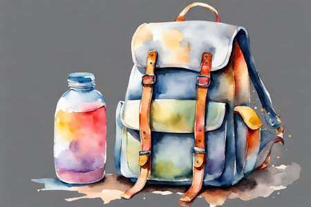 Watercolor illustration of a backpack and a bottle of water on a gray backgroundの素材