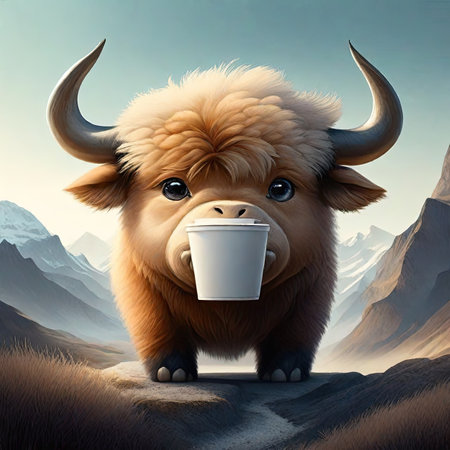 bull with a cup of coffee in the steppeの素材