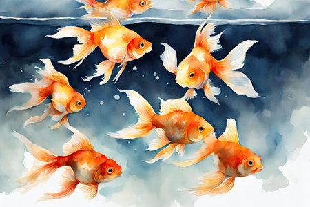 Watercolor goldfish in the sea. Aquatic background.の素材