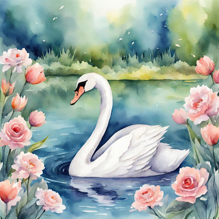 Watercolor illustration of a beautiful white swan swimming in the lake with flowers.の素材