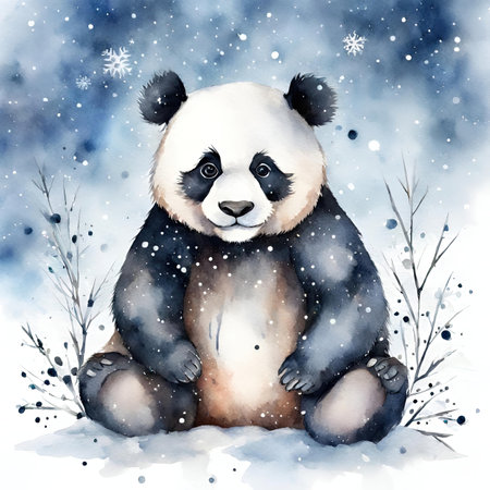 Watercolor panda sitting in the snow.の素材