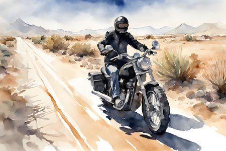 Watercolor Motorcycle rider on a dirt road in the desert.の素材