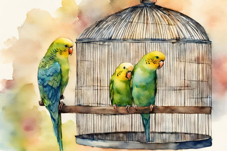 Watercolor parrots in a birdcage on a white backgroundの素材