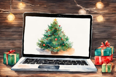 Laptop with christmas tree and gifts against wooden planks backgroundの素材