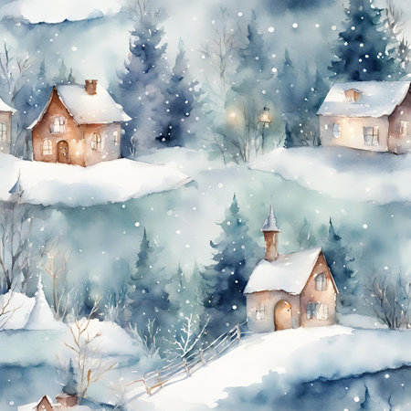 Watercolor winter landscape with houses.の素材