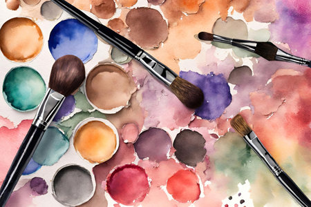 Set of brushes for make-up, watercolor background, top viewの素材
