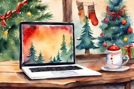 Watercolor Christmas workplace with laptop and cup of hot drink.の素材