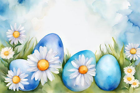 Watercolor Easter eggs with daisies and grass on a white backgroundの素材