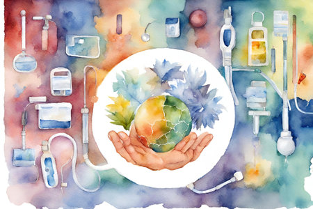 Watercolor illustration of a hand holding a globe. Save the planet conceptの素材