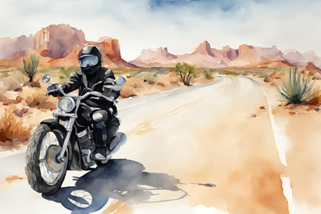 Watercolor Motorcycle on the road in the desert.の素材