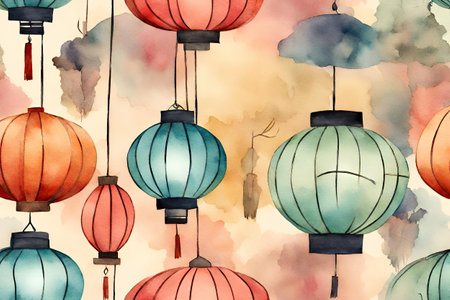 Watercolor pattern with chinese lanterns.の素材