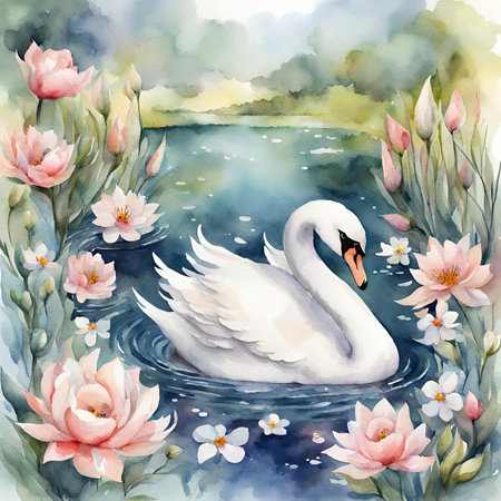 Watercolor illustration of a white swan swimming in a lake with flowersの素材