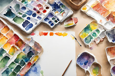 Watercolor paints and brushes on a white background. Art concept.の素材