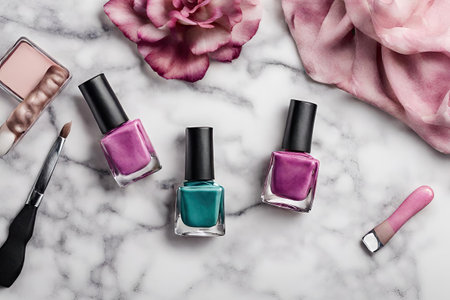 Nail polish bottlesle table, flat lay. Beauty and fashion backgroundの素材