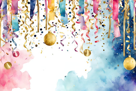 Watercolor Christmas background with ribbons, confetti and balls.の素材