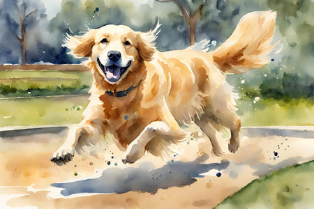 Watercolor illustration of a golden retriever running in the park.の素材