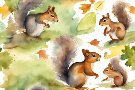 Watercolor pattern with squirrels and autumn leaves.の素材
