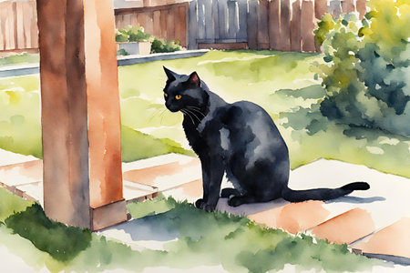 Watercolor Black cat sitting on the porch of the house.の素材