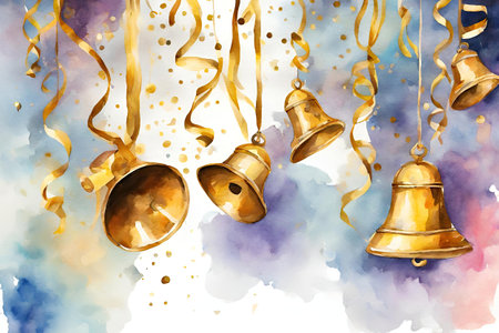Watercolor Christmas background with golden bells and confetti.の素材