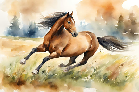 Watercolor painting of a bay horse galloping in the field.の素材