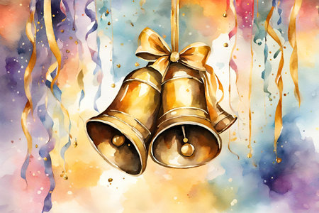 Watercolor Christmas bells on a multicolor background.の素材