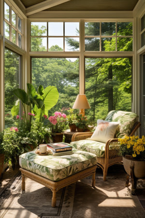 Interior of a living room with a view of the garden through the windowの素材