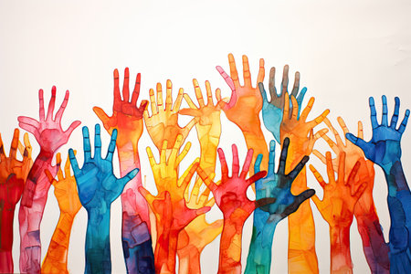 Multicolored raised hands isolated on a white background. The concept of unity.の素材