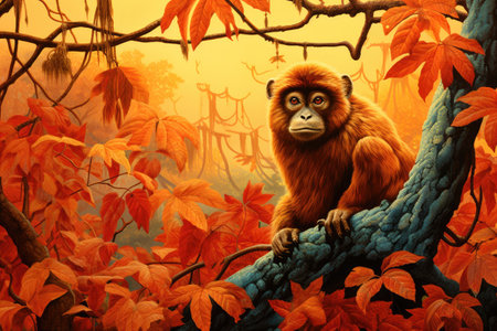 monkey sitting on a branch in the autumn forest.の素材