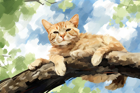 Cute ginger cat lying on a tree branch.の素材