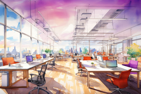 Modern office interior with panoramic city view.の素材