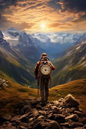 Hiker with a backpack and a clock in the mountains at sunsetの素材