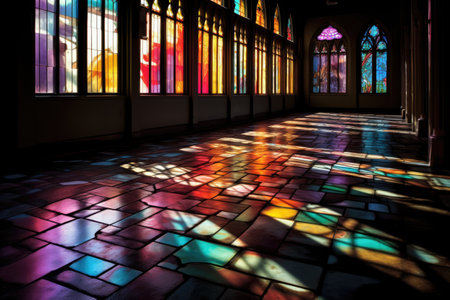 Colourful stained glass window in a church with sunlight and shadowsの素材