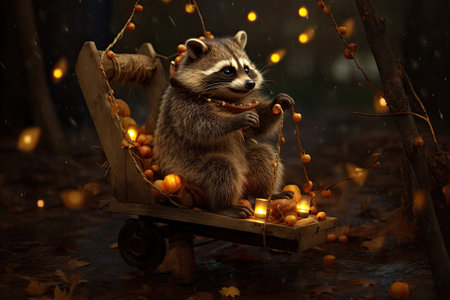 Raccoon sitting in a wooden swing with garland of pumpkins.の素材