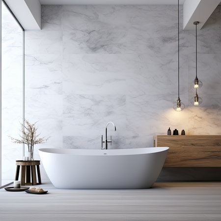 Interior of modern bathroom with white marble walls, wooden floor, comfortable white bathtub standing near wooden countertops with built in sink and mirror.の素材